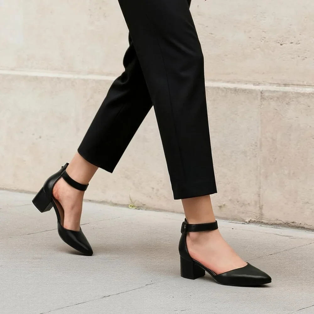 Women's Black Pointed Toe Heels with Ankle Strap and 2.25 Inches Block Heel - Picture 3 of 6